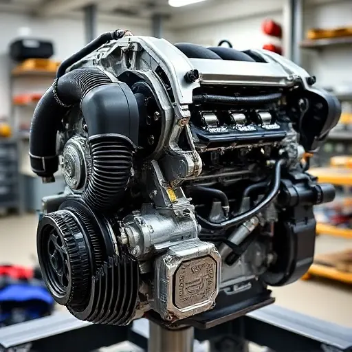 A detailed, high-quality image of a Maserati Ghibli 3.0 V6 Twin Turbo 3 engine undergoing a major repair. The engine should be partially disassembled, revealing intricate components. Focus on the mechanics and precision involved in the repair. The background should be a clean, well-lit workshop environment.