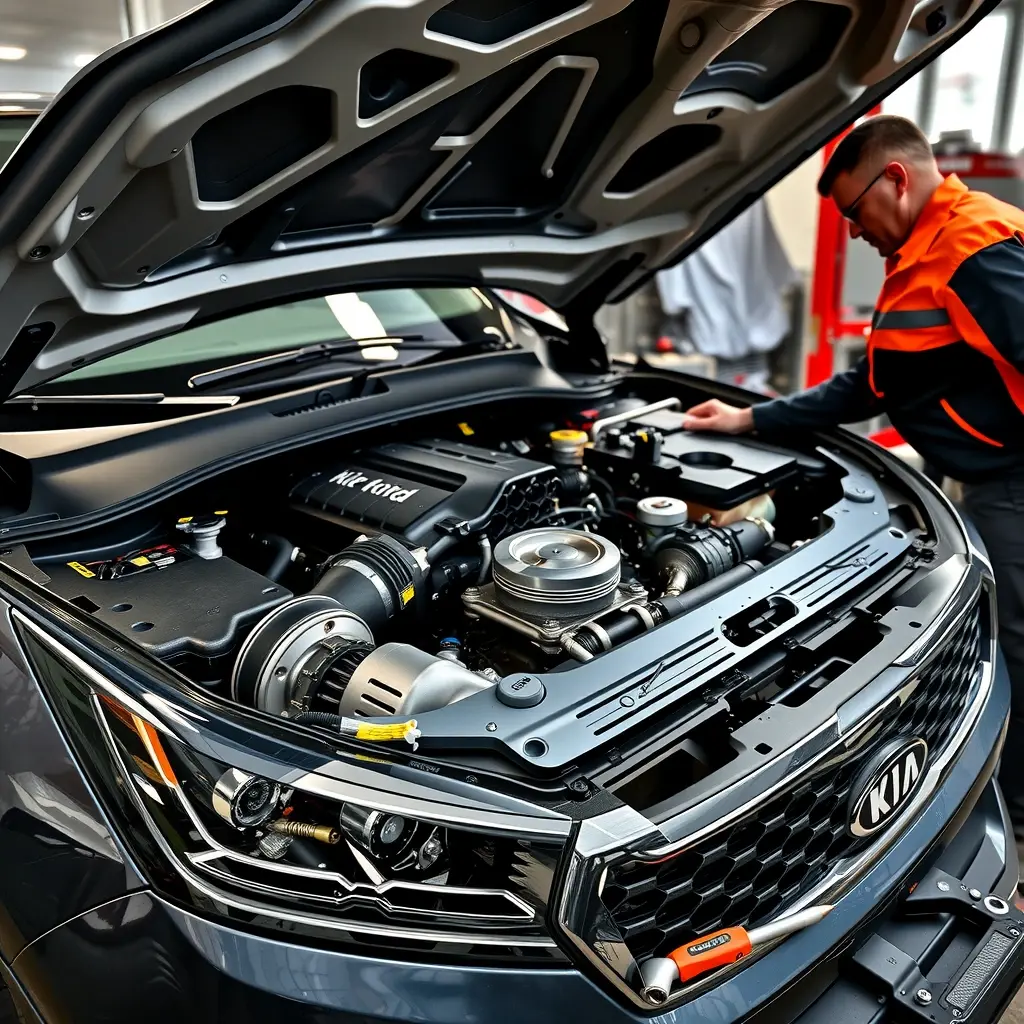 A high-detail, realistic scene of a professional automotive workshop where a mechanic is performing a repair on a Kia Sorento PHEV. The vehicle's hood is open, revealing the 1.6L turbocharged engine alongside the integrated electric motor and battery components. Visible are pistons, turbocharger, wiring harnesses, and the electric motor housing, with diagnostic tools and a torque wrench placed nearby. The lighting is bright and focused, emphasizing the mechanical parts without any text, logos, or signage.