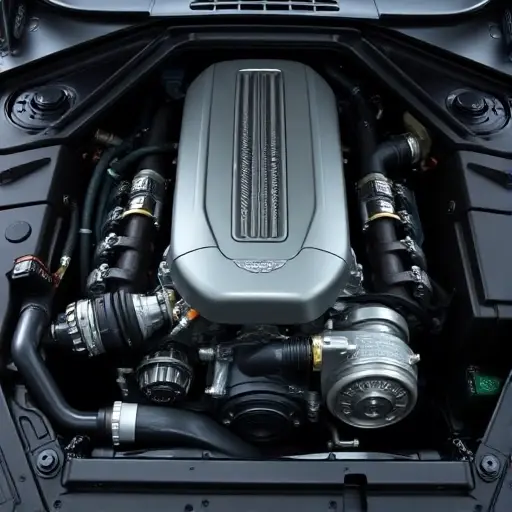 A detailed, high-quality image of the engine bay of an Aston Martin V12 Vantage 5.9 L V12. Focus on the engine itself, showcasing the V12 configuration, intricate details of the engine components, and the surrounding mechanical parts. The lighting should be realistic, highlighting the textures and metallic surfaces.