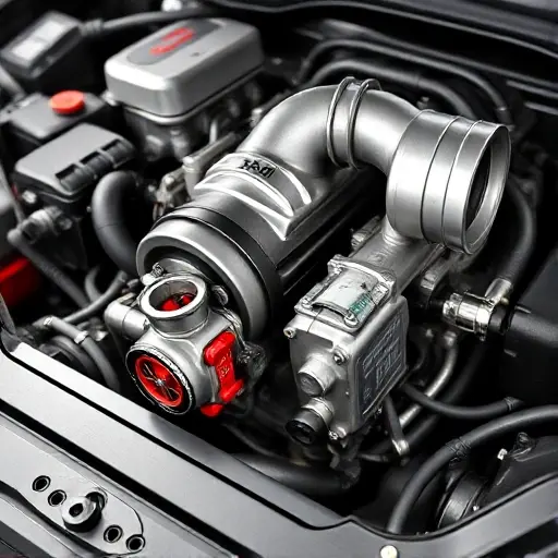 Abarth Fastback 1.3 Turbo Flex 185 hp engine repair, detailed shot of the engine components, showcasing the turbocharger, intake manifold, and other relevant parts. Focus on the mechanics and precision of the repair.