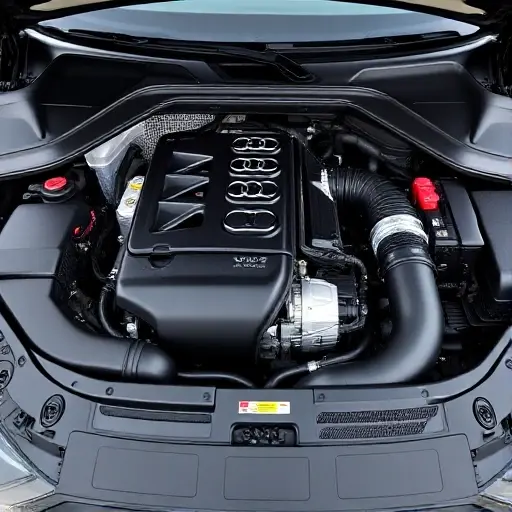 A detailed, high-quality image of the engine bay of a 2018-present Audi Q8 3.0 V6 TDI 231 hp. Focus on the engine components, showcasing the turbocharger, exhaust system, and other key parts. The engine should be clean and well-maintained.