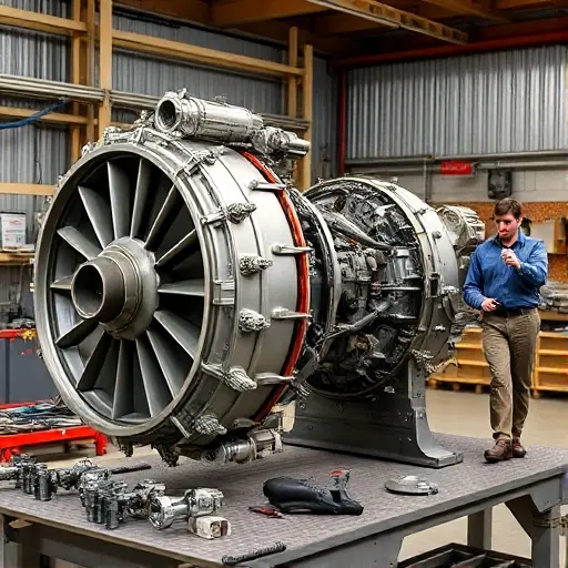 A detailed workshop scene showing a large V10 aircraft engine (Bristol Fighter Turbo 8.0 L) partially disassembled on a workbench, with mechanical tools, bolts, and a technician in coveralls inspecting the engine components. The background should be a clean industrial workshop with metal surfaces, no signage or text.