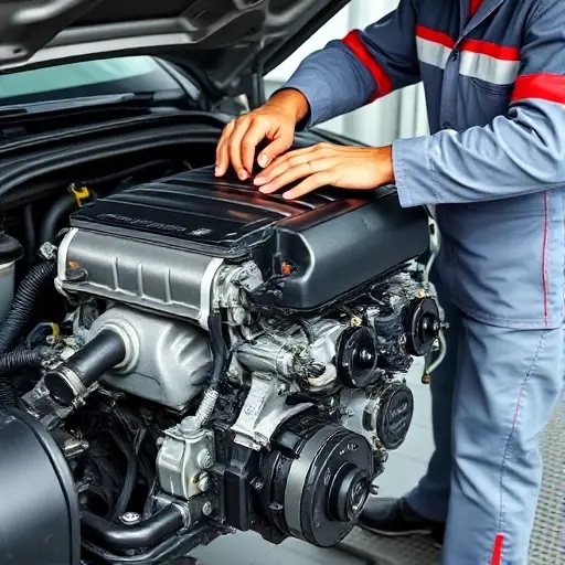 A detailed, realistic image of a mechanic working on the engine of an Audi A3 2.0 TDI. The engine should be partially disassembled, showcasing the internal components. The mechanic is wearing a uniform and using specialized tools. The background should be a clean, well-lit garage environment. Focus on the engine and the mechanic's hands working on it.