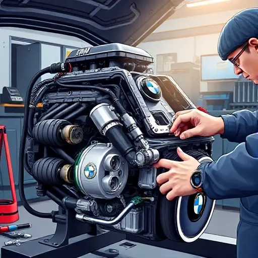 A detailed illustration of a BMW X3M 3.0L 510 hp engine repair being performed by a mechanic in a well-lit garage. Focus on the engine components, tools, and the mechanic's hands working on the engine. The image should convey precision and expertise.