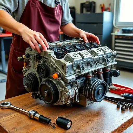 A detailed workshop scene showing a mechanic in a work apron carefully disassembling a Daewoo Matiz 1.0L 64hp engine. The engine block is partially exposed on a workbench, with visible pistons, crankshaft, and timing belt. Tools such as a torque wrench, socket set, and a small flashlight are arranged neatly. The background shows a clean, organized garage with a workbench, a toolbox, and a window with natural light. The focus is on the mechanical details and the hands of the mechanic, with no text or logos visible.