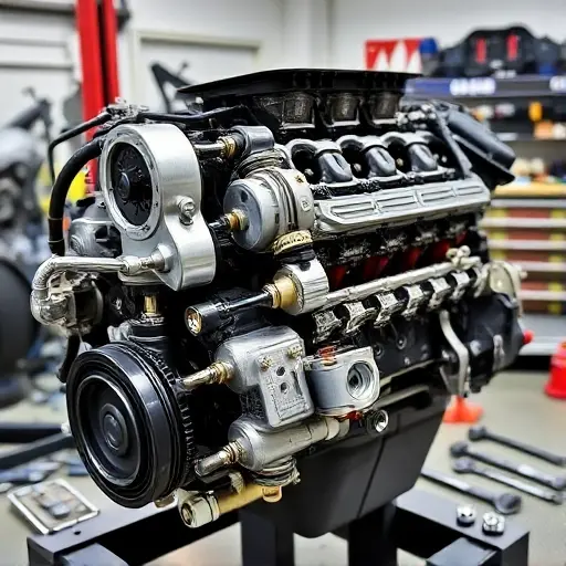 A detailed view of a BMW X3M 3.0 L engine undergoing a major overhaul. The engine should be disassembled with various components such as the cylinder head, pistons, crankshaft, and camshafts visible. The scene should include high-quality tools and equipment typically used in engine repair, such as wrenches, sockets, and a torque wrench. The setting should be a well-organized and clean automotive workshop with proper lighting.