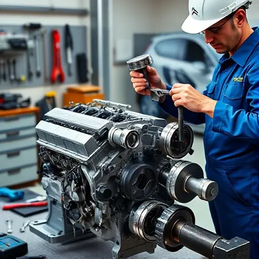 A detailed workshop scene showing a mechanic in a clean, well-lit garage carefully disassembling and inspecting the 1.6 THP engine of a Citroën DS3 Racing. The focus is on the engine block, pistons, crankshaft, and various tools such as wrenches, torque wrench, and a diagnostic scanner. The mechanic, wearing a blue coveralls and a safety helmet, is holding a piston in one hand while using a torque wrench on a connecting rod. The background includes a workbench with neatly arranged engine parts, a small toolbox, and a subtle hint of a Citroën DS3 Racing car silhouette in the far background. The lighting highlights the metallic surfaces and the intricate details of the engine components, creating a realistic, technical atmosphere.