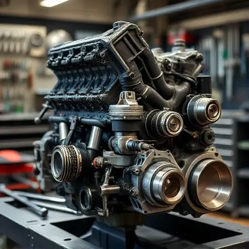 A high-detailed, cinematic close-up of a disassembled BMW E46 M54 3.0L engine on a professional mechanic's workbench. The image should show polished engine components, pistons, a crankshaft, and a cylinder head laid out neatly. Soft industrial lighting, shallow depth of field, metallic textures, professional automotive workshop background with tools, 8k resolution, photorealistic.