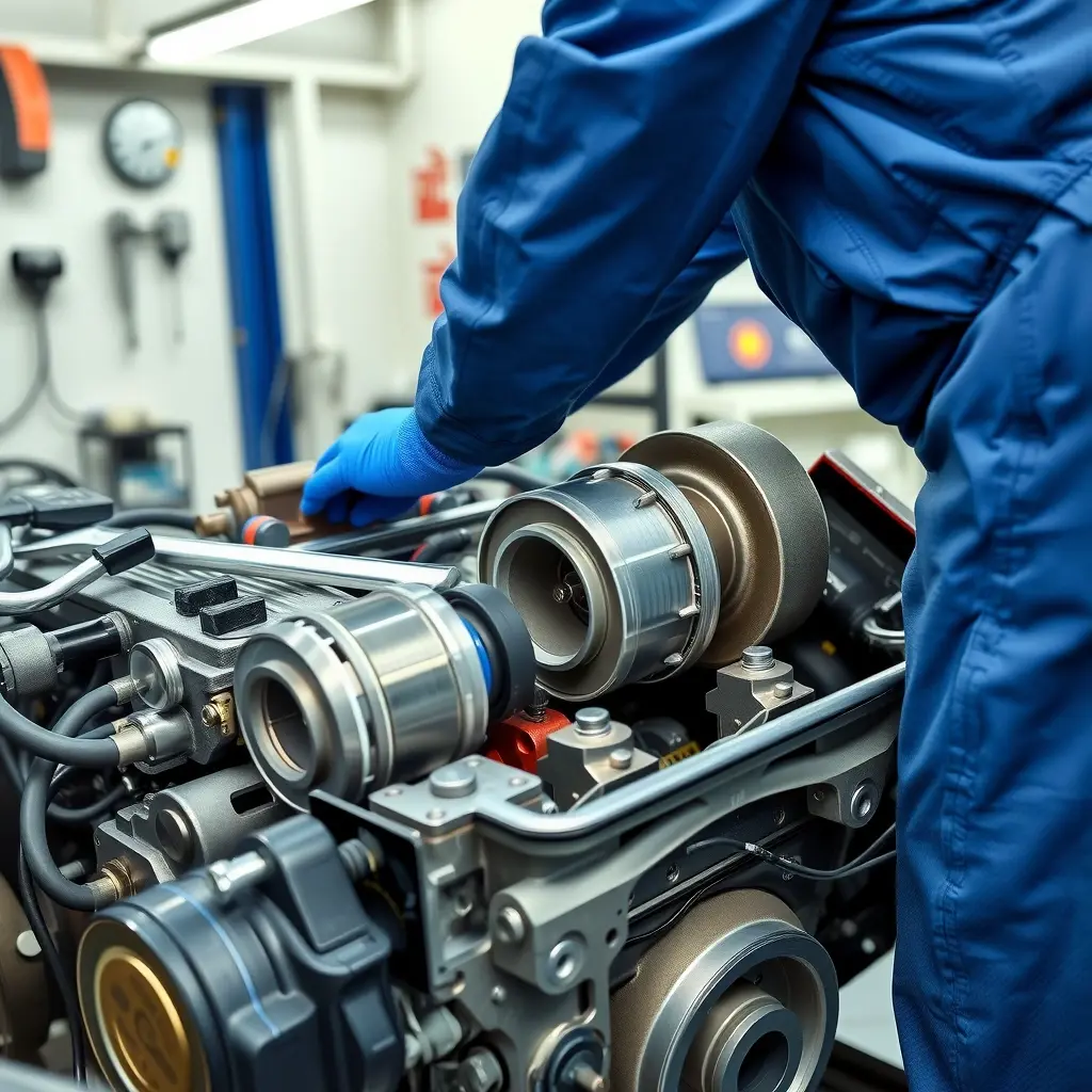 A detailed high-resolution scene of a professional mechanic repairing a Great Wall Poer 2.0 Turbo diesel engine (2019 model) in a clean workshop. The engine block is open, showing pistons, turbocharger, fuel injectors, and diagnostic tools such as a torque wrench, diagnostic scanner, and oil pan. The mechanic wears a blue coverall and gloves, focusing on the turbocharger, with realistic lighting and metal textures.