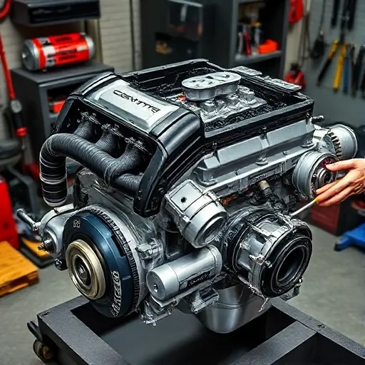 A detailed workshop scene showing the disassembled 6.2L V8 supercharged engine of a Chevrolet Corvette C7 Z06, with the engine block, cylinder heads, supercharger, timing components, and a mechanic’s hands holding tools, all rendered in realistic, high-detail style.