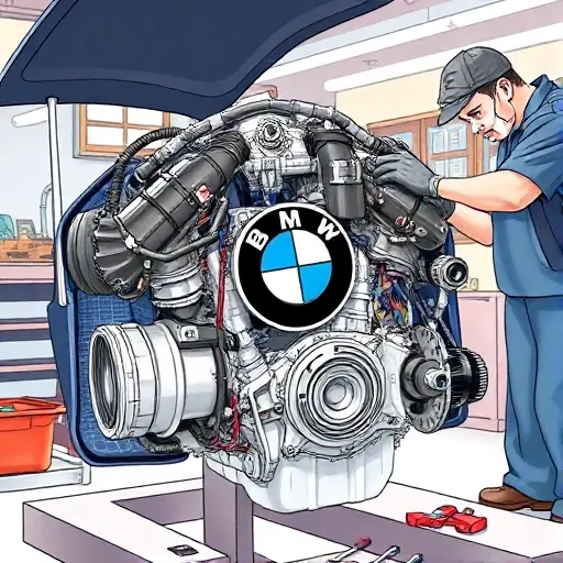 A detailed illustration of a BMW 3er F30 3.0L 306 hp engine undergoing repair. Focus on the engine components, tools, and a mechanic working on it. The scene should be in a well-lit workshop environment.