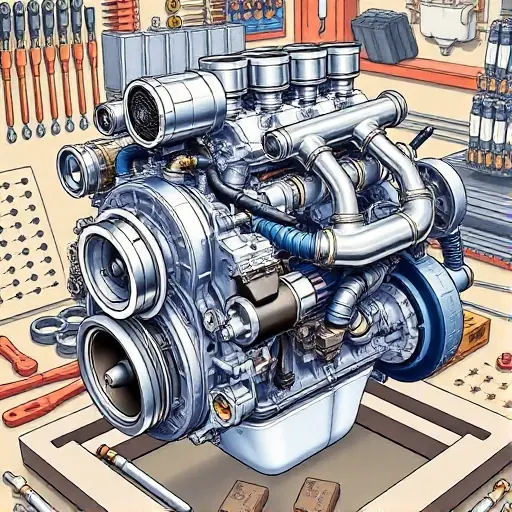 A detailed illustration of a Hummer H1 engine undergoing a major overhaul. The engine should be prominently displayed, showcasing various components like the turbocharger, fuel injection system, and exhaust manifold. Tools and parts related to engine repair should be visible in the background, suggesting the ongoing work. Focus on mechanical accuracy and realistic depiction of the engine's parts.