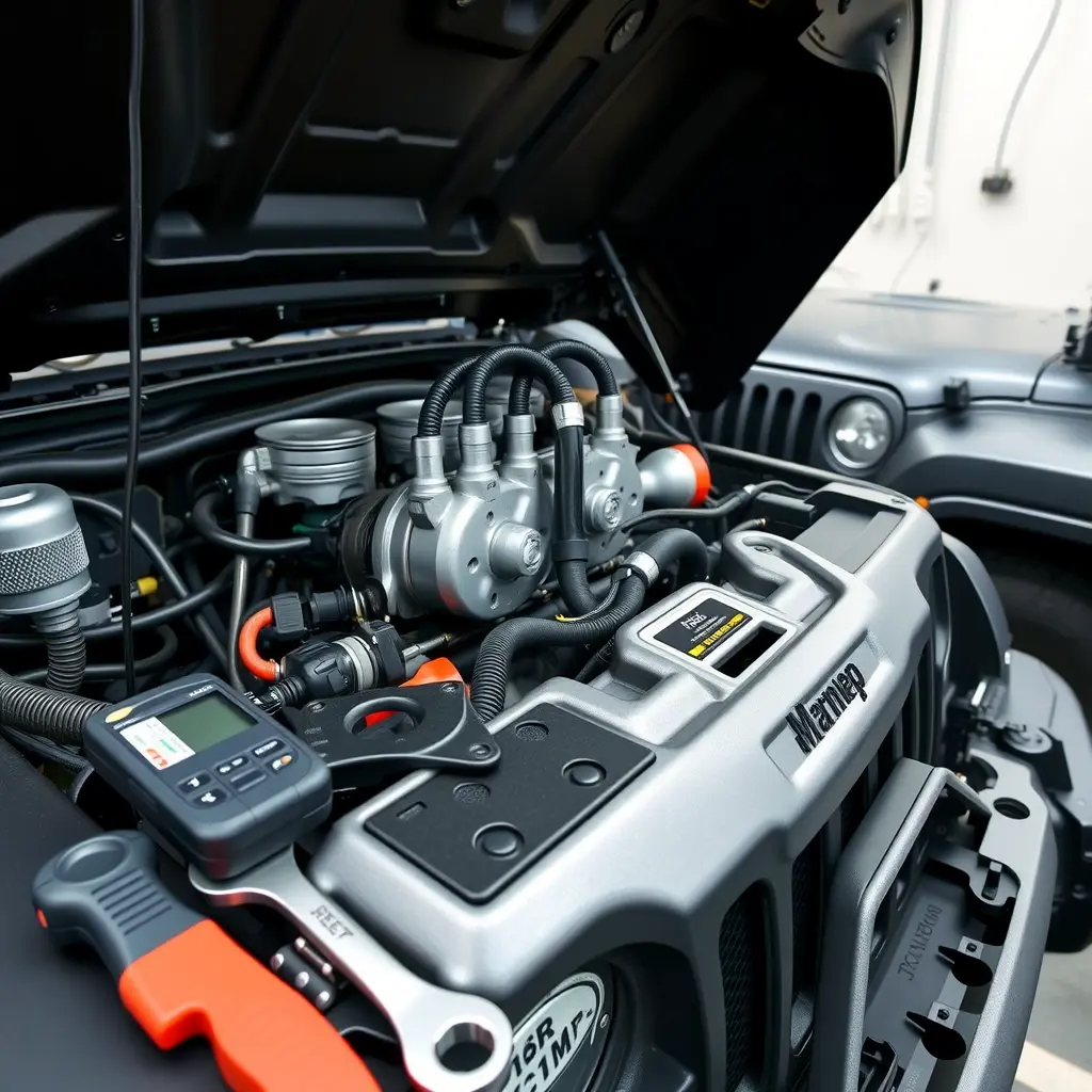 A detailed, high-resolution scene of a mechanic in a clean garage working on the 3.6L V6 engine of a Jeep Wrangler (model year 2018 onward). The engine is open, showing pistons, valve train, and wiring, with professional tools (wrenches, diagnostic scanner, oil pan) laid out on a workbench. The Jeep's hood is up, and the vehicle's distinctive grille and headlights are visible in the background. Emphasize realistic lighting, metallic textures, and a focused, technical atmosphere.