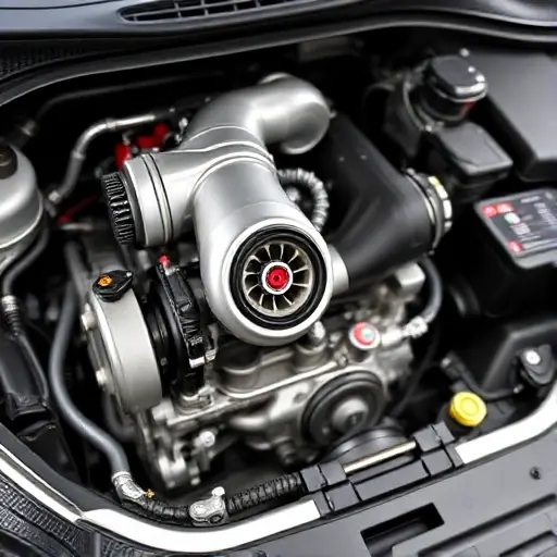 Abarth Pulse 1.3 Turbo Flex engine repair, detailed view of the engine components, showcasing the turbocharger, intake manifold, and other relevant parts. Focus on mechanical precision and technical accuracy.