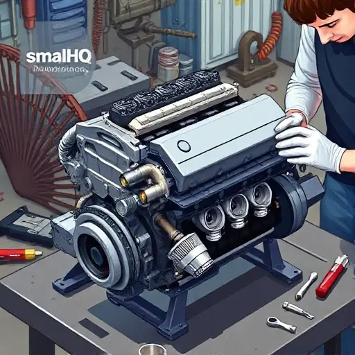 A detailed illustration of a BMW M3 E36 3.2 L engine on a workbench, with components disassembled and tools around, showing pistons, crankshaft, cylinder head, and a mechanic's hands working, rendered in realistic smallHQ style, without any text or logos
