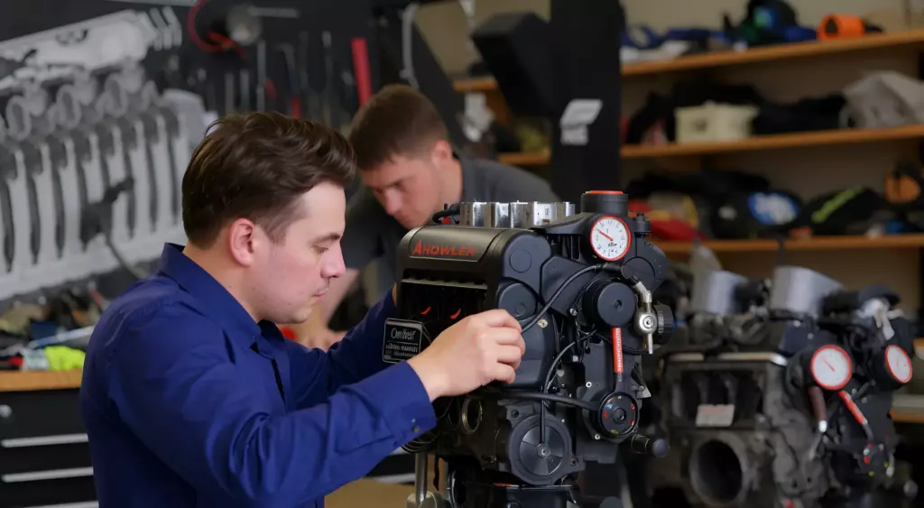 A high-resolution horizontal photo of a professional automotive repair workshop. In the foreground, a skilled mechanic in blue coveralls is working on a large, open engine block of a Bowler vehicle, with tools such as a torque wrench and a screwdriver neatly arranged on a workbench. The background shows a clean, organized garage with a wall of engine parts, a diagnostic computer screen displaying engine data, and a subtle sign indicating the workshop name, but no visible text or digits.