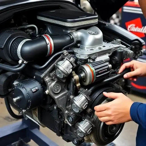 A detailed close-up of a Cadillac CT5 V Blackwing 6.2 V8 supercharged engine during repair, showing the engine block, supercharger, pistons, and a mechanic's hands with tools, set against a workshop background