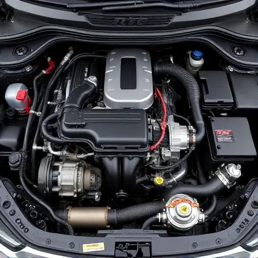 A detailed, high-quality image of the engine bay of a BYD Han DM i 1.5T with electric motors. Focus on the engine components, wiring, and overall mechanical structure. The image should showcase the integration of the internal combustion engine and electric motors.