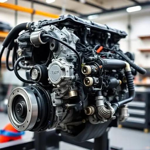 A detailed, high-quality image of a Kia Sportage 1.6 Hybrid 230 hp engine undergoing a major repair. The engine should be partially disassembled, revealing intricate components. Focus on the mechanics and tools involved in the repair process. The background should be a clean, well-lit workshop environment.