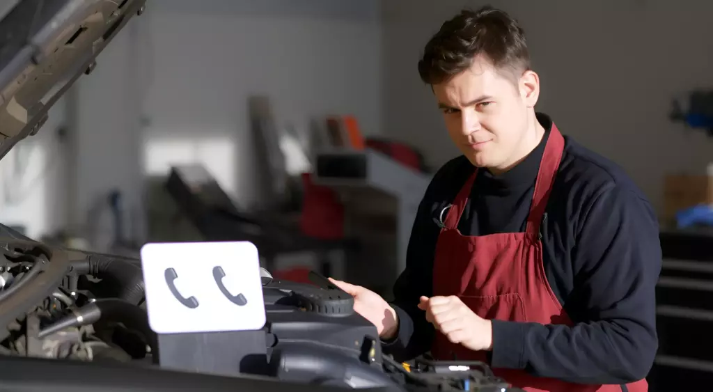 A realistic photo of a mechanic in a well-lit garage, wearing a work apron, working on a car engine with tools scattered around. A phone icon is displayed on a small sign near the workbench, indicating contact. The scene is captured from a slightly elevated angle, showing the engine, the mechanic's hands, and the tools, with a subtle background of garage equipment. The lighting is natural and bright, highlighting the metal surfaces and the mechanic's focused expression.