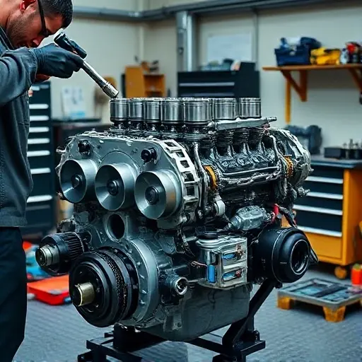 A detailed workshop scene showing a mechanic in a clean, well-lit garage, carefully disassembling a BMW X6M 4.4 V8 engine. The engine block is partially exposed, with visible pistons, crankshaft, and cylinder heads. Tools such as a torque wrench, socket set, and a small workbench with organized parts are present. The background shows a neatly arranged toolbox and a workbench with a light source illuminating the engine. The focus is on the mechanical precision and the high-performance engine components.