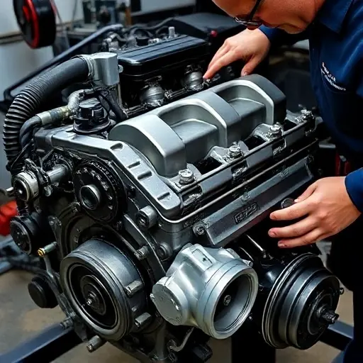 A detailed close-up of a mechanic repairing a Brabus 900 6.3 V12 biturbo engine, showing the engine block, turbochargers, and tools, with a focus on precision and technical detail, in a workshop setting.