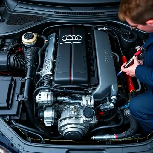A detailed, high-quality image of the engine bay of a 2015-present Audi Q7 with a 2.0 TFSI 252 hp engine undergoing a major repair. Focus on the engine components, wiring, and tools being used. The scene should depict a professional mechanic working on the engine.