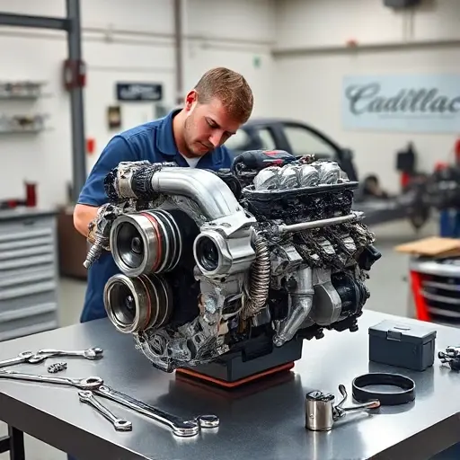 A detailed workshop scene showing a skilled mechanic in a clean, well-lit garage, carefully working on a 2.0 Turbo engine from a 2017 Cadillac XT5. The engine should be partially disassembled, with visible pistons, crankshaft, and turbocharger, placed on a polished workbench. Surrounding the engine are organized tools such as wrenches, torque wrenches, a torque gauge, and a small toolbox. The background includes a subtle hint of a Cadillac XT5 car chassis or a branded vehicle part, but no visible logos or text. The lighting highlights the metallic surfaces and the mechanic’s focused expression, creating a realistic, technical atmosphere.