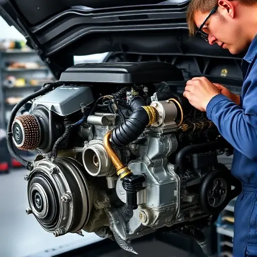 A detailed, realistic depiction of a mechanic working on the engine of an Acura RLX 3.5 V6 (2014-2020). The engine should be partially disassembled, showcasing the internal components. Focus on the engine bay and the mechanic's hands working with tools. The background should be a clean, well-lit garage environment.