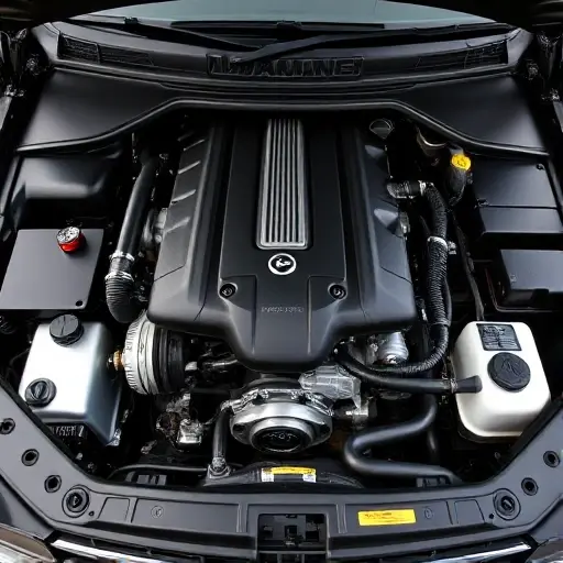 A detailed, high-quality image of the engine bay of a 2010-2017 Aaglander Limousine with a 4.4 V8 gasoline engine. Focus on the engine components, including the engine block, intake manifold, exhaust manifold, and other visible parts. The engine should be well-lit, showcasing the details of the mechanical components.