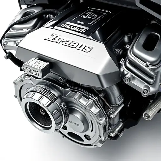 A high‑resolution close‑up of a Brabus Rocket 900 4.5 V8 bi‑turbo engine, showing polished metal surfaces, turbochargers, and detailed branding, with a clean white background and subtle lighting to highlight engineering details