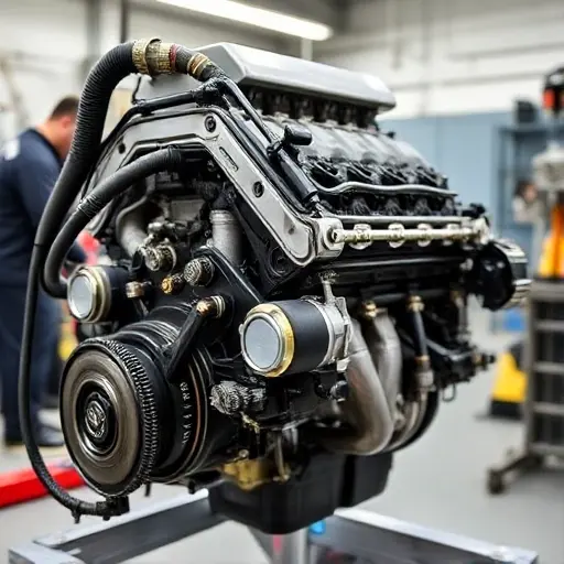 A detailed, high-quality image of a Chevrolet Camaro SS 6.2 V8 engine undergoing a major overhaul. The engine should be prominently displayed, showcasing its components and the repair work being done. Focus on the mechanics working on the engine, tools, and parts. The background should be a clean, well-lit workshop environment.