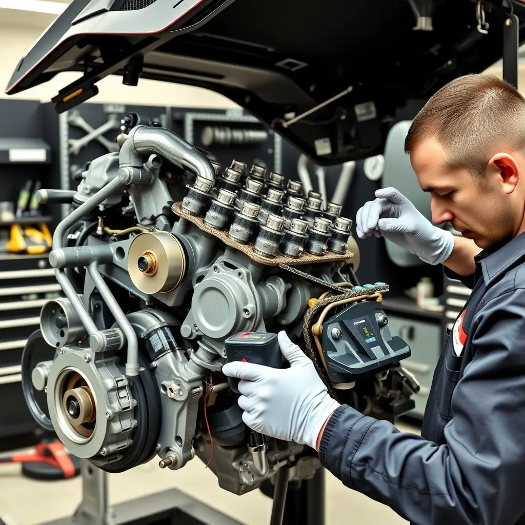 A detailed, realistic scene of a mechanic repairing the 3.5L V6 engine of a Honda Pilot (model year 2016 onward). The engine is open on a lift, with visible pistons, valves, and timing chain, while the mechanic, wearing a clean uniform and gloves, uses professional tools such as a torque wrench and diagnostic scanner. The workshop background is tidy, with tool cabinets and soft lighting that highlights the engine components, emphasizing precision and craftsmanship.