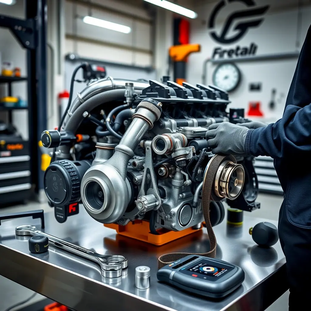 A detailed, realistic scene of a professional mechanic in a clean garage working on the engine of a 2020 Forthing T5 Evo 1.5 Turbo 192 hp. The engine is partially disassembled, showing the turbocharger, fuel injectors, and timing belt. Tools such as wrenches, diagnostic scanner, and a torque wrench are laid out on a stainless steel workbench. The lighting is bright and focused, highlighting metal surfaces and the mechanic's gloved hands. The atmosphere conveys precision and technical expertise.