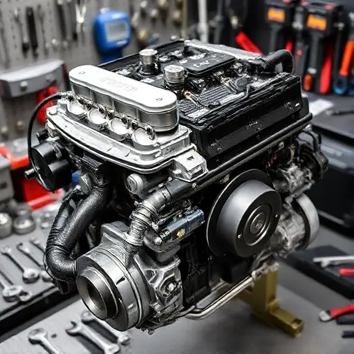A detailed, high-quality image of a Geely Emgrand 1.5L 114hp engine undergoing a major repair. The engine should be partially disassembled, showcasing various components like the cylinder head, pistons, and intake manifold. Tools such as wrenches, screwdrivers, and diagnostic equipment should be visible in the background. The scene should be well-lit, emphasizing the mechanical details.