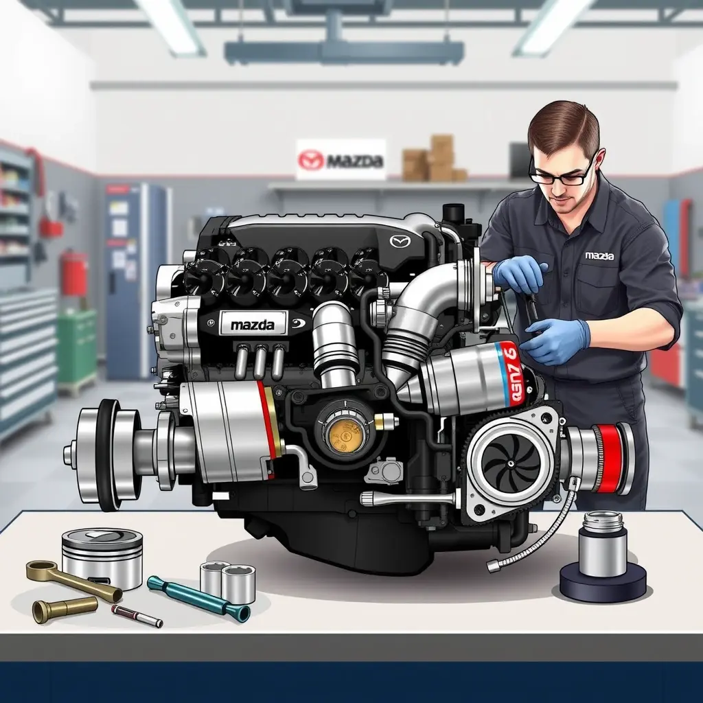 A detailed, high‑resolution illustration of a Mazda CX‑5 2.5 L Turbo engine from a 2018 model undergoing a complete overhaul. The scene shows the engine block opened, with pistons, crankshaft, turbocharger, and fuel system components laid out on a clean workshop bench. A professional mechanic in a neutral uniform is using tools such as a torque wrench and socket set, focusing on the engine. The background is a well‑lit garage with organized tool racks, but no logos, signage, or text.