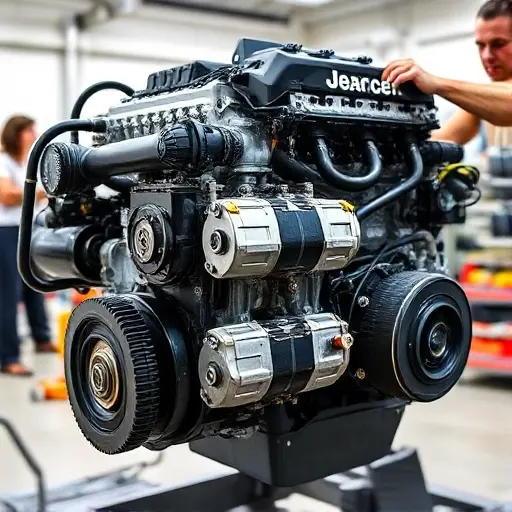 A detailed, high-quality image of a Jeep Grand Cherokee 5.7 V8 HEMI 357 engine undergoing a major repair. The engine should be partially disassembled, revealing intricate components. Focus on the engine block, cylinder head, and various parts being worked on by a mechanic. The background should be a clean, well-lit workshop environment.