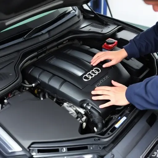 A mechanic is working on the engine of an Audi A5 2.0 TDI. The engine is exposed, showing the internal components. The mechanic is using tools to repair the engine. The car is in a repair shop. Focus on the engine and the mechanic's hands working on it.