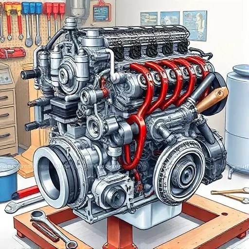 A detailed illustration of a Dongfeng Mengshi M50 4.0 V8 diesel engine undergoing a major overhaul. The image should focus on the engine block, cylinder head, and associated components. Show various tools and parts commonly used in engine repair, such as wrenches, sockets, and replacement parts. The engine should be depicted in a workshop setting with visible tools and equipment.