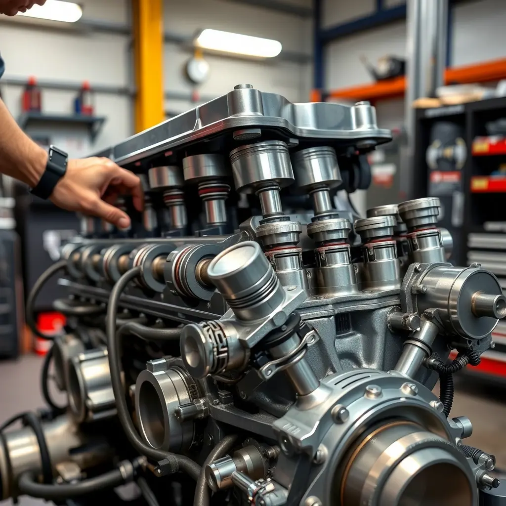 a detailed view of a powerful V8 engine being repaired in a professional garage, with a mechanic's hands holding tools, showing pistons, camshaft, and polished metal surfaces under realistic lighting