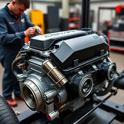 A detailed close-up of a 2023 Chevrolet Corvette C8 Z06 5.5 V8 engine in a workshop, with a mechanic in a jumpsuit using tools, showcasing the engine block, pistons, and a visible turbocharger, set in a clean, well-lit environment