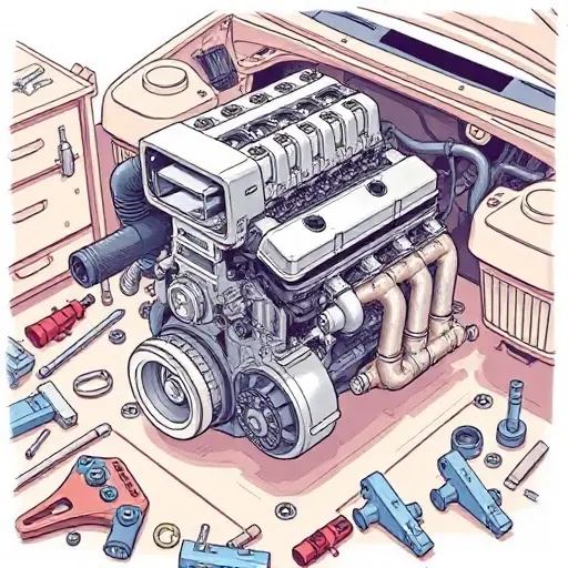 A detailed illustration of a car engine undergoing a major repair. Focus on the engine block, intake manifold, and exhaust system. Show tools and parts scattered around, indicating ongoing work. The engine should be partially disassembled, revealing internal components.