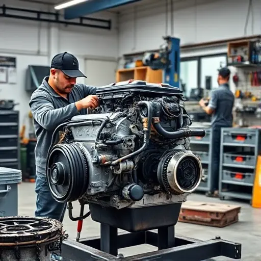 A detailed workshop scene showing a mechanic working on a Dacia Logan 1.0 SCe 65 hp engine, with tools, engine block, and parts, in a clean, well-lit garage
