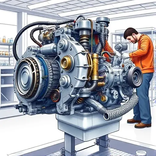 A detailed illustration of a Dacia Duster 1.0 TCe 90 engine undergoing a major repair. The engine should be partially disassembled, revealing internal components. Focus on the mechanics of the repair, showing tools and technicians working on the engine. The background should be a clean, well-lit workshop environment.