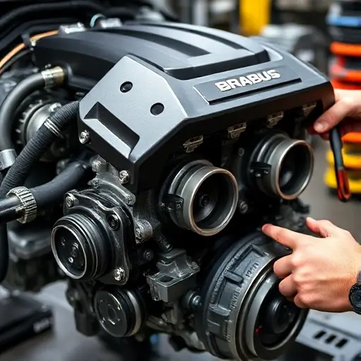 A detailed close-up of a Brabus G800 4.0 V8 biturbo engine during repair, showing the engine block, turbochargers, and mechanic's hands with tools in a workshop setting, focusing on mechanical details, no text or digits