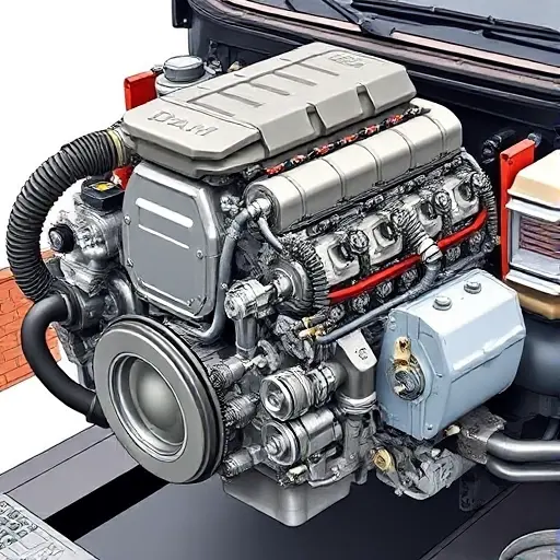 A detailed illustration of a Dodge Ram 1500 3.6 V6 eTorque engine undergoing a major repair. Focus on the engine block, visible components, and tools being used. The scene should depict mechanics working on the engine.