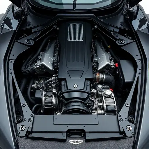 A detailed, high-quality image of the Aston Martin Valkyrie engine bay, showcasing the hybrid engine components. Focus on the intricate details of the engine architecture, highlighting the hybrid system integration. The engine should be presented in a clean, well-lit environment, emphasizing the engineering marvel.