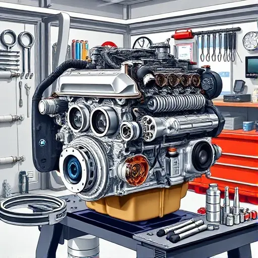 A detailed, realistic illustration of a BMW 2er G42 2.0L engine on a workshop bench, with the engine block opened to show internal components such as pistons, crankshaft, and valves. The scene includes professional mechanic tools like torque wrenches, socket sets, and diagnostic equipment arranged neatly around the engine, with a clean, well-lit garage environment. Emphasize the precision and complexity of a major engine overhaul without any text, logos, or people in the frame.