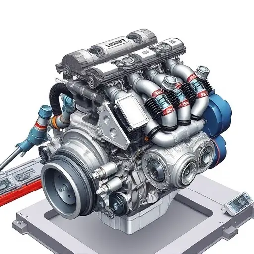 A detailed illustration of a Ford Explorer 3.0 V6 Twin Turbo engine undergoing a major repair. Focus on the engine block, turbochargers, and surrounding components. Show tools and technicians working on the engine.