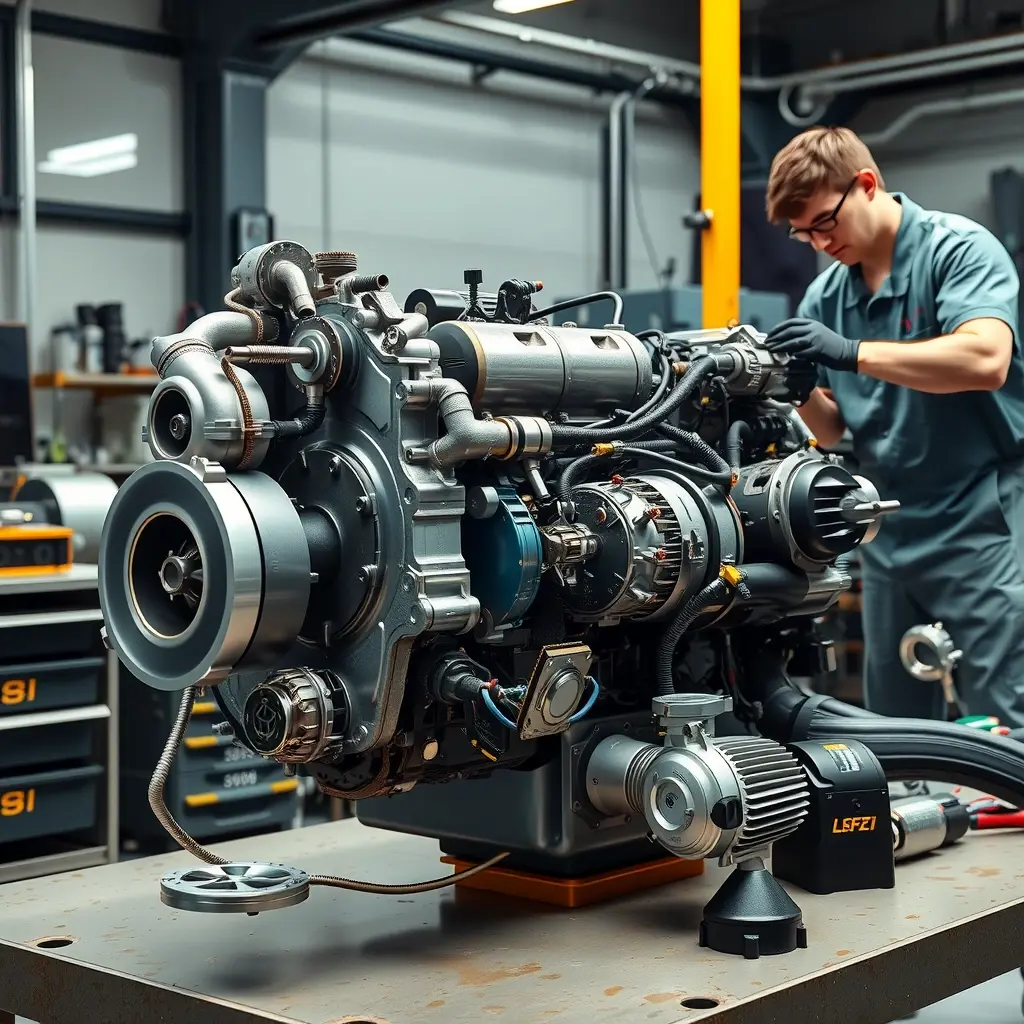 A detailed, high‑resolution illustration of a Karma Revero PHEV 2.0T engine undergoing a complete overhaul in a modern automotive workshop. The scene shows the gasoline engine block with its turbocharger, pistons, and valve train partially disassembled, alongside the integrated electric motor and power electronics. A skilled mechanic in clean workwear is using specialized tools to inspect and replace components, with diagnostic equipment and spare parts neatly arranged on a workbench. The lighting is bright and realistic, emphasizing metallic textures, oil stains, and the contrast between the combustion engine and the electric motor. The composition highlights the complexity of the hybrid powertrain while maintaining a clear, focused view of the engine components.